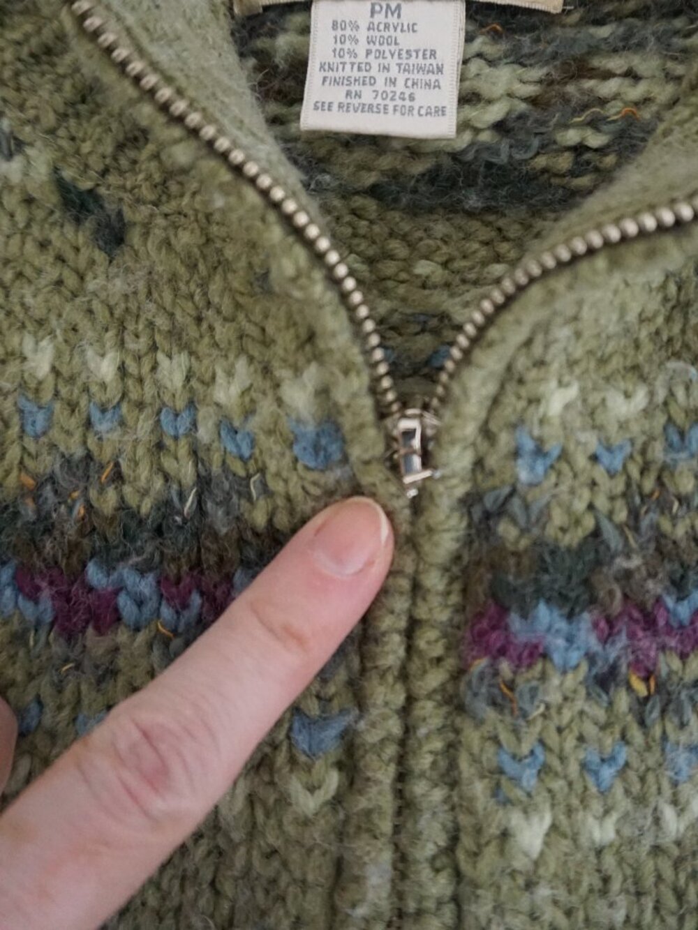 Vintage Studio Works Green Fair Isle Knit Zip Cardigan Nordic Pattern Petite PM - Picture 10 of 10